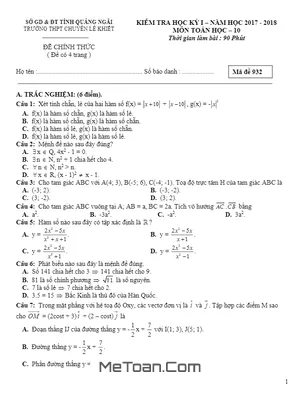 Đề thi học kì 1 Toán 10 năm 2017 - 2018 trường THPT chuyên Lê Khuyết - Quảng Ngãi