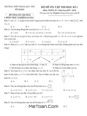 Bộ Đề Ôn Thi HK1 Toán 12 Năm Học 2017 - 2018 Trường THPT Đặng Huy Trứ - TT. Huế