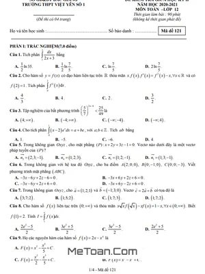Đề thi giữa kỳ 2 Toán 12 năm 2020 - 2021 trường THPT Việt Yên 1 - Bắc Giang (Có đáp án)