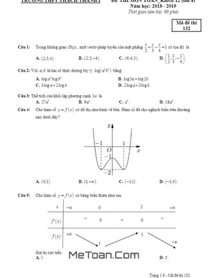 Đề thi thử Toán 12 lần 4 năm 2018 - 2019 trường THPT Thạch Thành 1 - Thanh Hóa