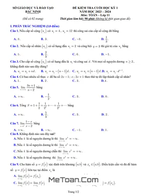 Đề kiểm tra cuối kỳ 1 Toán 11 năm 2023 - 2024 sở GD&ĐT Bắc Ninh