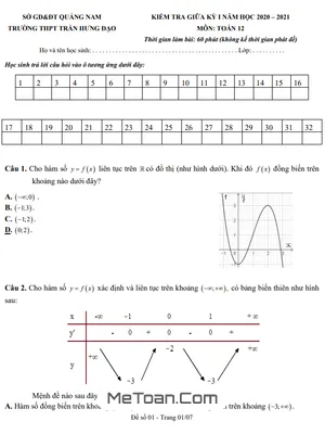 Đề thi giữa HK1 Toán 12 năm 2020 - 2021 trường THPT Trần Hưng Đạo - Quảng Nam