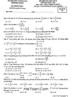 Đề kiểm tra học kỳ 2 Toán 12 năm 2020 - 2021 Sở GD&ĐT Hậu Giang