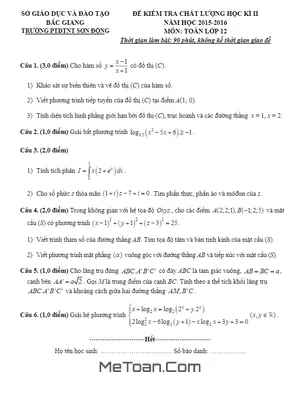 Đề thi HK2 môn Toán lớp 12 trường THPT Sơn Động - Bắc Giang năm học 2015 - 2016 có đáp án