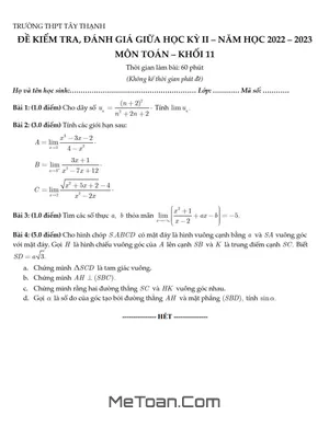 Đề Thi Giữa Học Kỳ 2 Môn Toán Lớp 11 Năm 2022 - 2023 Trường THPT Tây Thạnh - TP HCM