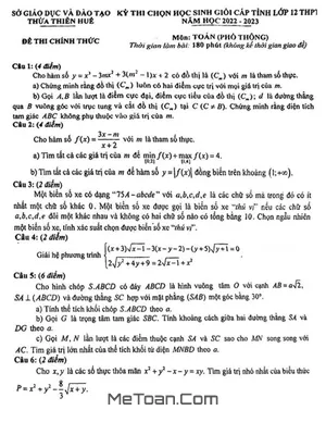 Đề thi học sinh giỏi tỉnh Toán 12 năm 2022 - 2023 sở GD&ĐT Thừa Thiên Huế