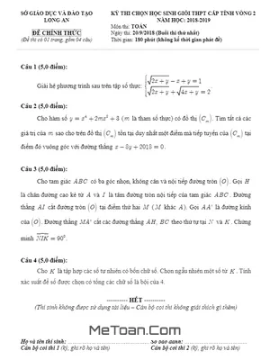Đề thi chọn HSG Toán cấp tỉnh vòng 2 năm 2018 - 2019 Sở GD&ĐT Long An