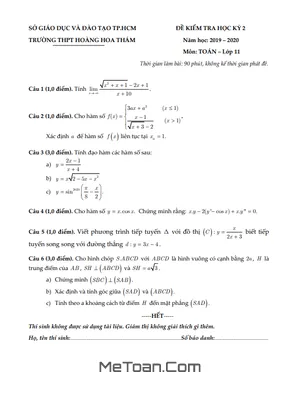 Đề thi học kì 2 Toán 11 năm 2019 - 2020 trường THPT Hoàng Hoa Thám - TP HCM