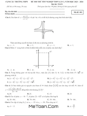 Đề thi thử THPT 2024 môn Toán lần 3 cụm trường THPT – Hưng Yên