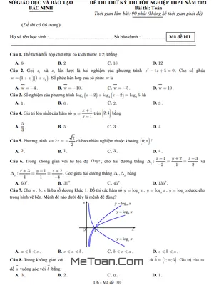 Đề thi thử tốt nghiệp THPT 2021 môn Toán Sở GD&ĐT Bắc Ninh