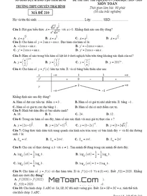 Đề thi thử THPTQG 2020 môn Toán lần 1 trường THPT chuyên Thái Bình