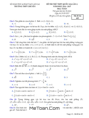 Đề thi thử THPT Quốc gia 2017 môn Toán trường THPT chuyên Lào Cai lần 2 có đáp án