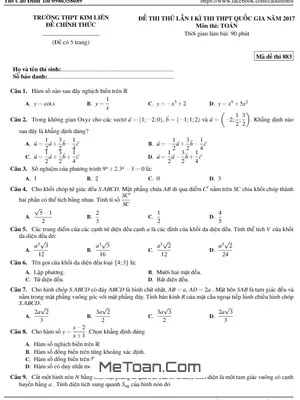 Đề Thi Thử THPT Quốc Gia 2017 Môn Toán Trường THPT Kim Liên – Hà Nội Lần 1