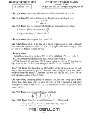 Đề thi thử THPT Quốc gia 2016 môn Toán trường THPT Hồng Lĩnh - Hà Tĩnh