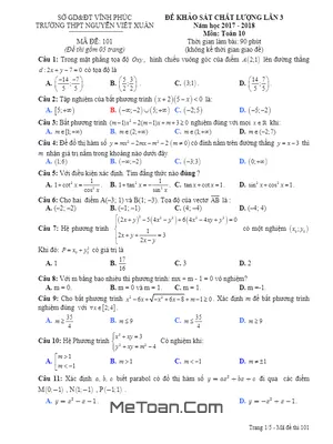 Đề KSCL Toán 10 năm 2017 - 2018 trường Nguyễn Viết Xuân - Vĩnh Phúc lần 3 có đáp án