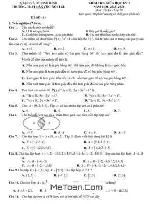 Đề giữa học kỳ 1 Toán 10 năm 2023 - 2024 trường THPT DTNT Ninh Bình