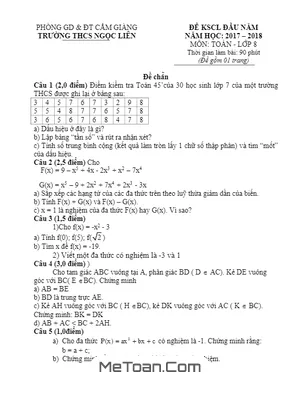 Đề KSCL Đầu Năm Môn Toán Lớp 8 Trường THCS Ngọc Liên - Hải Dương Năm 2017 - 2018