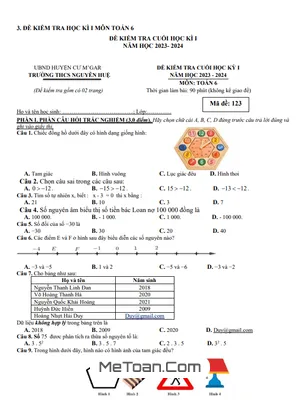 Đề Thi Học Kỳ 1 Toán Lớp 6 Năm 2023-2024 Trường THCS Nguyễn Huệ - Đắk Lắk (Có Đáp Án)