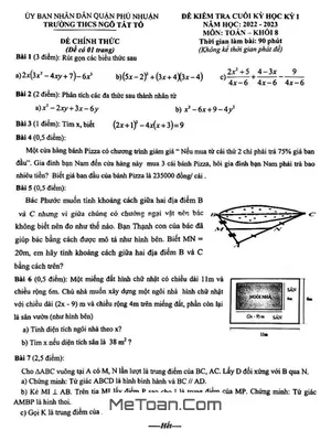 Đề thi học kỳ 1 Toán lớp 8 năm 2022 - 2023 trường THCS Ngô Tất Tố - TP HCM