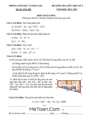 Đề thi giữa học kỳ 1 Toán 8 năm 2022 - 2023 phòng GD&ĐT Tây Hồ - Hà Nội
