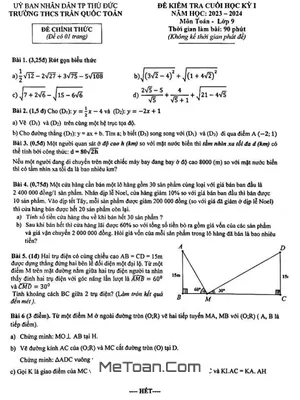 Đề thi học kỳ 1 lớp 9 môn Toán năm 2023 - 2024 trường THCS Trần Quốc Toản - TP HCM