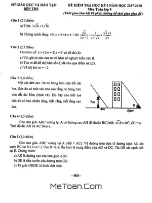 Đề thi HK1 Toán 9 năm học 2017 - 2018 Sở GD&ĐT Bến Tre (có lời giải)