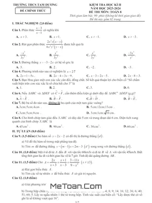Đề Thi Học Kì 2 Môn Toán Lớp 8 Năm 2023 - 2024 Trường THCS Tam Dương - Vĩnh Phúc