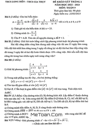 Đề khảo sát Toán 9 tháng 2 năm 2023 trường THCS Long Biên – Hà Nội