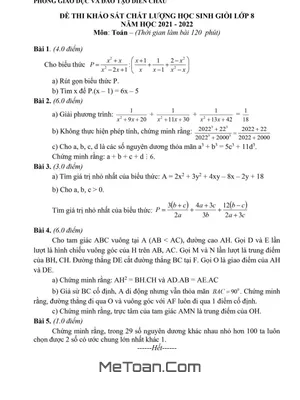 Đề thi học sinh giỏi Toán 8 năm 2021 - 2022 phòng GD&ĐT Diễn Châu, Nghệ An