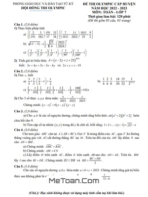 Đề thi Olympic Toán 7 năm 2022 - 2023 phòng GD&ĐT Tứ Kỳ - Hải Dương
