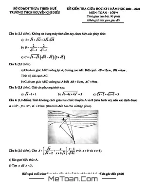 Đề thi giữa kì 1 Toán 9 năm 2021 - 2022 trường THCS Nguyễn Chí Diểu - TT Huế