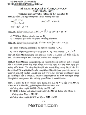 Đề kiểm tra học kỳ 2 Toán 9 năm 2019 - 2020 trường THCS Trần Quang Khải - TP HCM