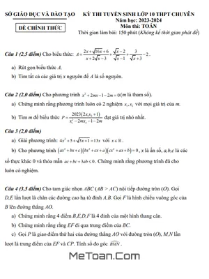 Đề thi Tuyển sinh Lớp 10 Chuyên Toán Sở GD&ĐT Bình Dương Năm 2023 - 2024