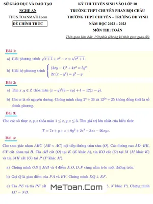 Đề thi tuyển sinh lớp 10 THPT chuyên Toán năm 2022 - 2023 Sở GD&ĐT Nghệ An