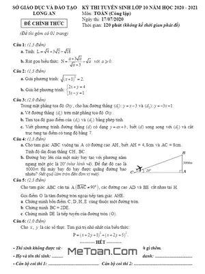 Đề thi tuyển sinh lớp 10 môn Toán năm 2020 - 2021 Sở GD&ĐT Long An