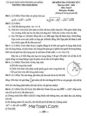 Đề thi học kỳ 1 Toán 9 năm 2025 - 2026 trường THCS Kim Đồng - TP.HCM