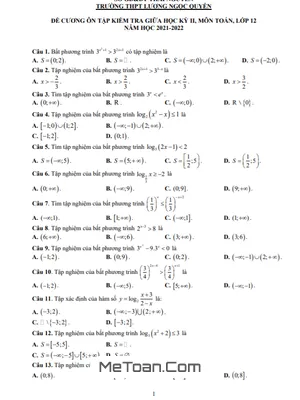 Đề cương giữa kỳ 2 Toán 12 năm 2021 - 2022 trường Lương Ngọc Quyến - Thái Nguyên