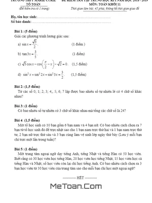 Đề kiểm tra tập trung HK1 Toán 11 năm 2018 - 2019 trường Marie Curie - TP. HCM