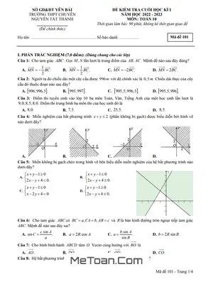 Đề thi học kì 1 Toán 10 năm 2022 – 2023 trường chuyên Nguyễn Tất Thành – Yên Bái
