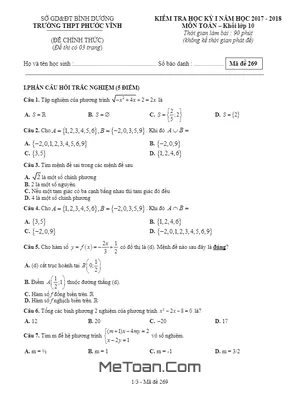 Đề thi học kỳ 1 Toán 10 năm 2017-2018 trường THPT Phước Vĩnh - Bình Dương (có đáp án)