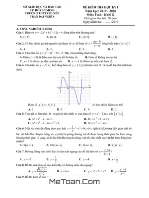 Đề thi học kì 1 Toán 12 năm 2019 - 2020 trường THPT chuyên Trần Đại Nghĩa - TP HCM