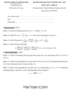 Đề thi học kì 2 Toán 10 năm 2021 - 2022 trường THPT Lý Thường Kiệt - TP HCM