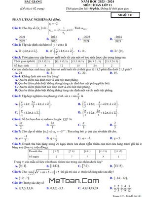 Đề kiểm tra cuối kì 1 Toán 11 năm 2023 - 2024 sở GD&ĐT Bắc Giang