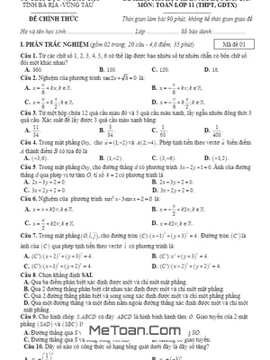 Đề thi học kỳ 1 Toán lớp 11 năm 2018 - 2019 Sở GD&ĐT Bà Rịa - Vũng Tàu