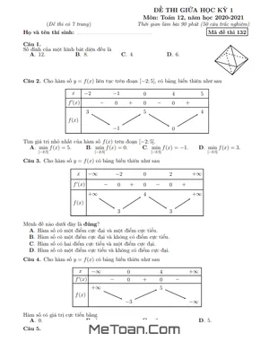 Đề thi giữa HK1 Toán 12 năm 2020 – 2021 trường Nguyễn Thị Minh Khai – Hà Nội