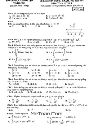 Đề thi học kì 2 Toán 12 năm 2020 - 2021 sở GD&ĐT Vĩnh Long