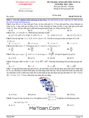 Đề thi học sinh giỏi Toán 10 năm 2023 - 2024 cụm Hiệp Hòa - Bắc Giang