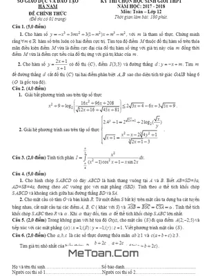 Đề thi chọn HSG Toán 12 năm học 2017 - 2018 sở GD&ĐT Hà Nam (có lời giải)