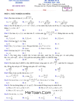 Đề thi HK2 Toán 11 năm 2019 - 2020 trường THPT Nguyễn Bỉnh Khiêm - Gia Lai