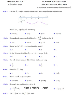 Đáp án đề thi thử THPT Quốc gia 2021 môn Toán sở GD&ĐT Kon Tum